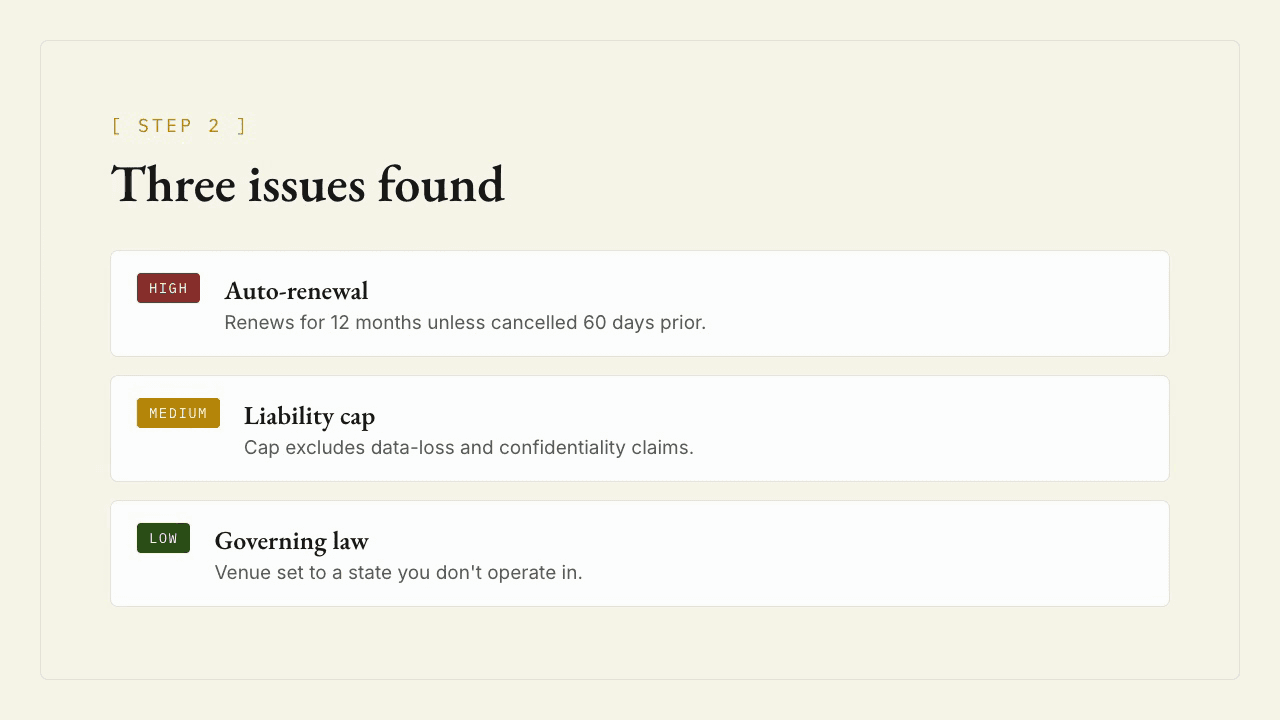 Contract Analyzer walkthrough: paste a contract, see clauses flagged by risk