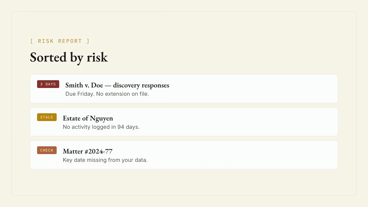 Matter Deadline Risk Scanner walkthrough
